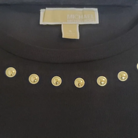 Michael Kors Size S, Black slinky soft knit 3/4 sl dress w/gold grommet trim - Picture 2 of 9